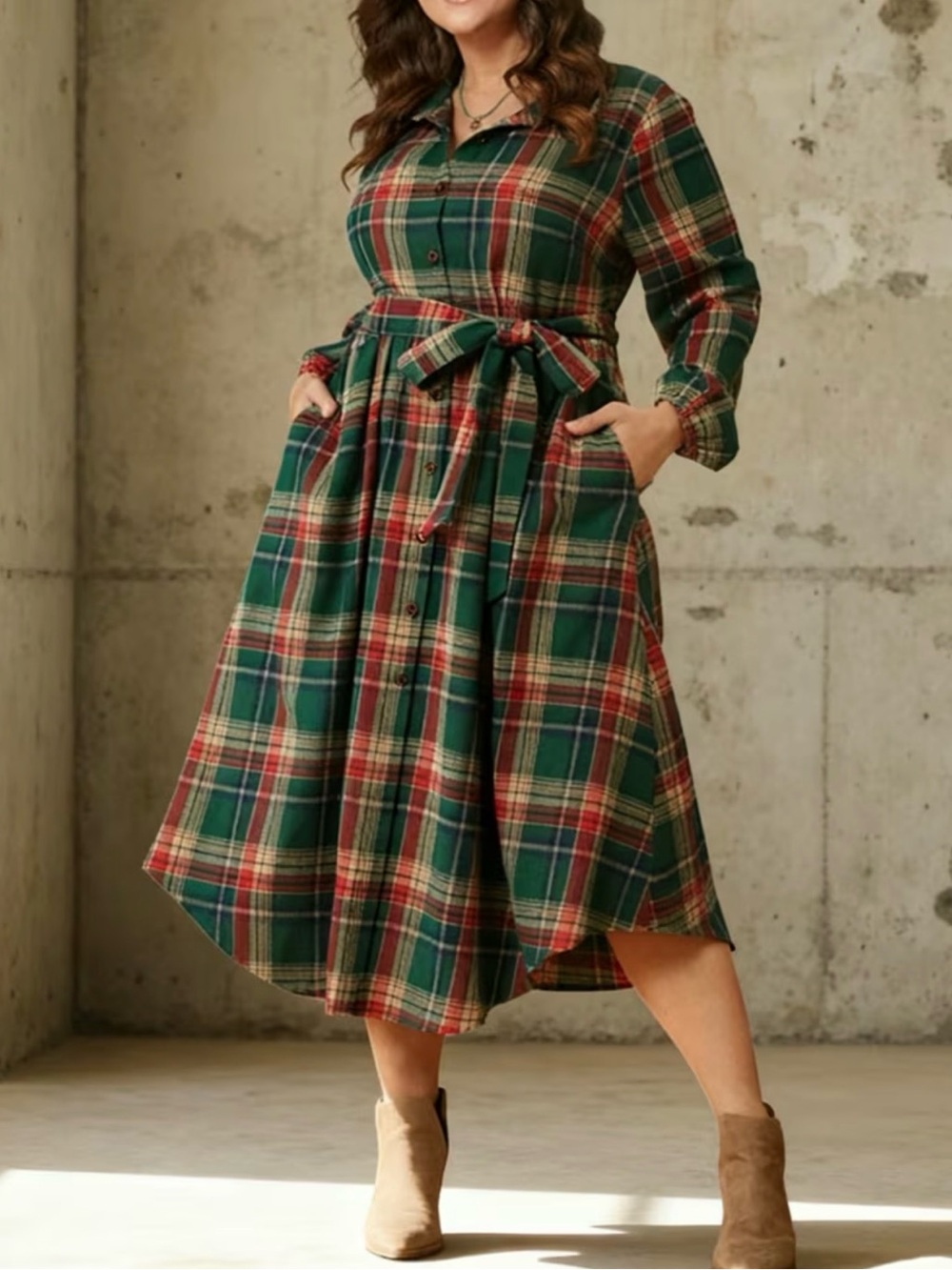 Plaid Belted Button-Front Midi Dress - Green